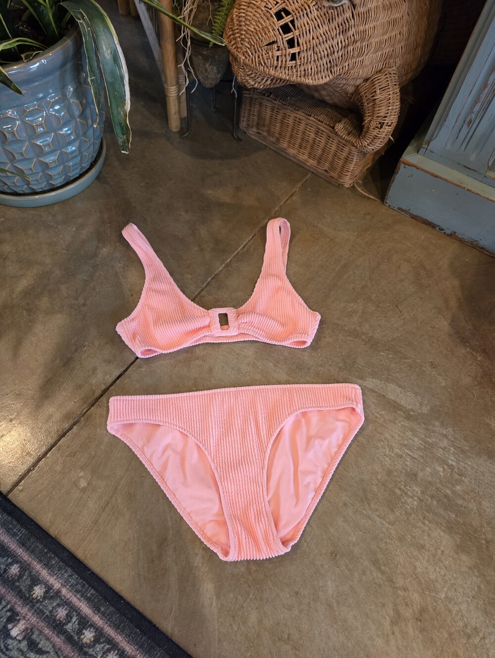 Aerie Shell Pink Crinkle Ring Wide Strap Scoop Bikini Top & Bottoms
